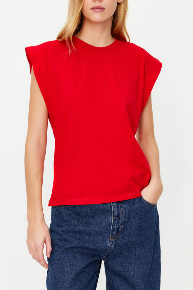 Kırmızı %100 Pamuk Vatka Görünümlü Basic Bisiklet Yaka Örme T-Shirt TWOSS20TS0021 - 4