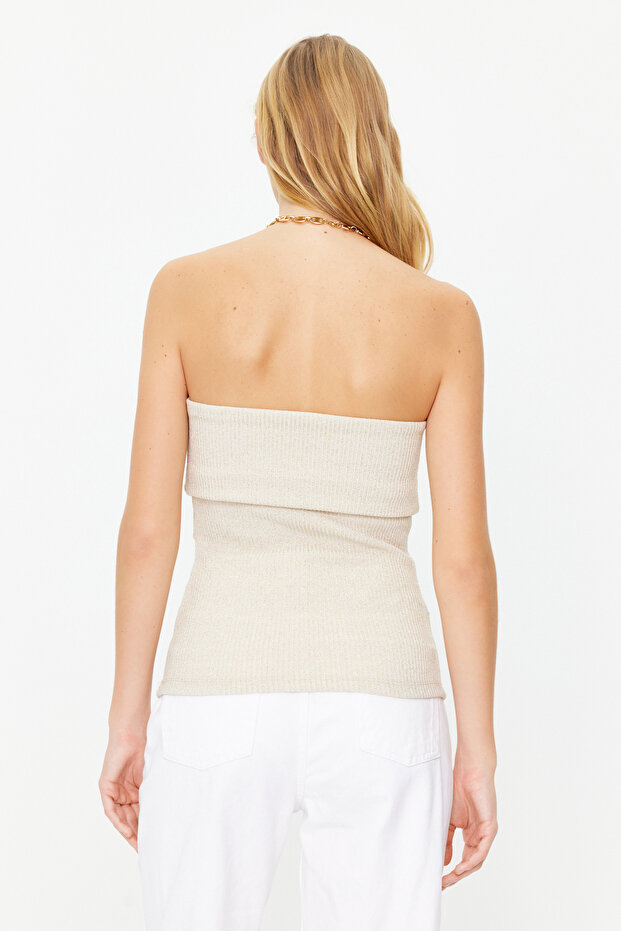 Ekru Drape Detaylı Lurexli/Simli Straplez Esnek Örme Bluz TWOSS24BZ00136 - 9