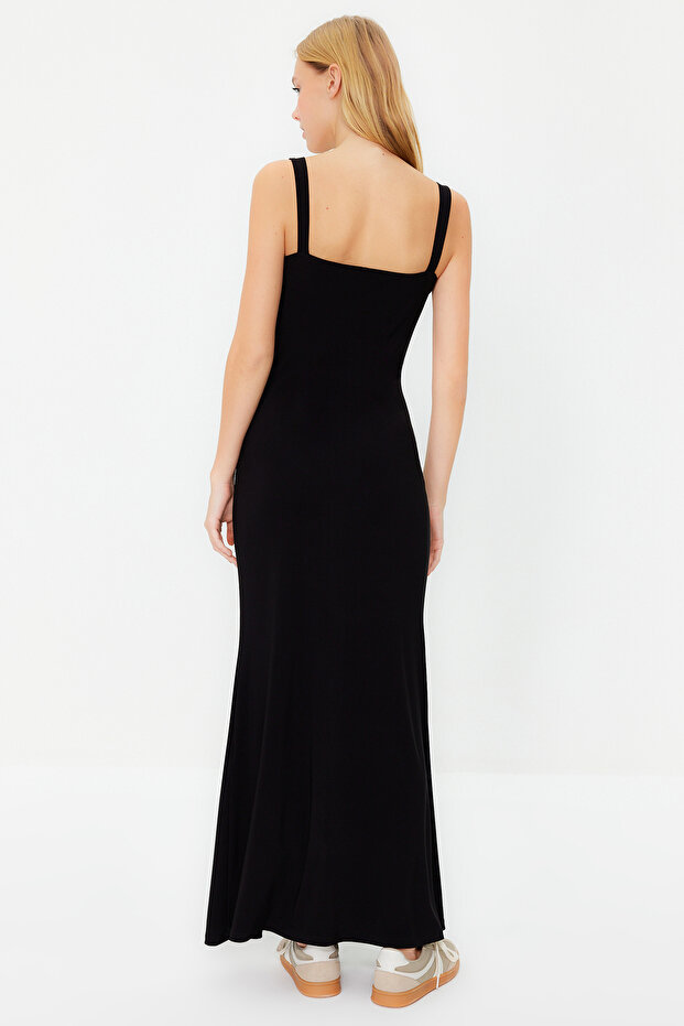 Siyah Kalın Askılı Fitted/Vücuda Oturan Esnek Örme Maxi Kalem Elbise TWOSS24EL00137 - 6