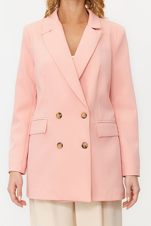 Tkana marynarka typu oversize w kolorze brudnego różu, zapinana na guziki TWOAW22CE0167 - 5