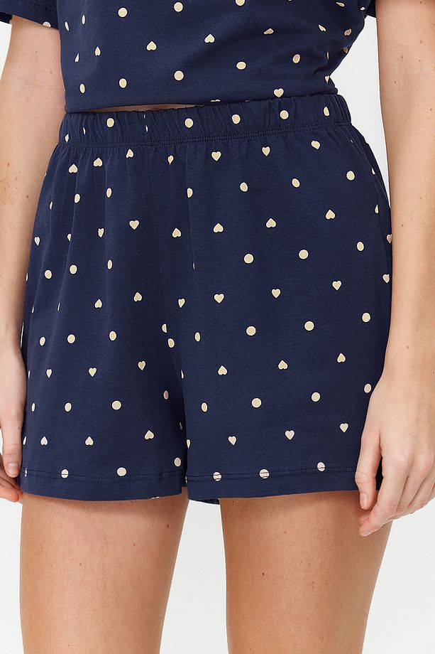 Lacivert %100 Pamuklu Puantiyeli ve Kalpli Şortlu Örme Pijama Takımı THMSS21PT1485 - 5