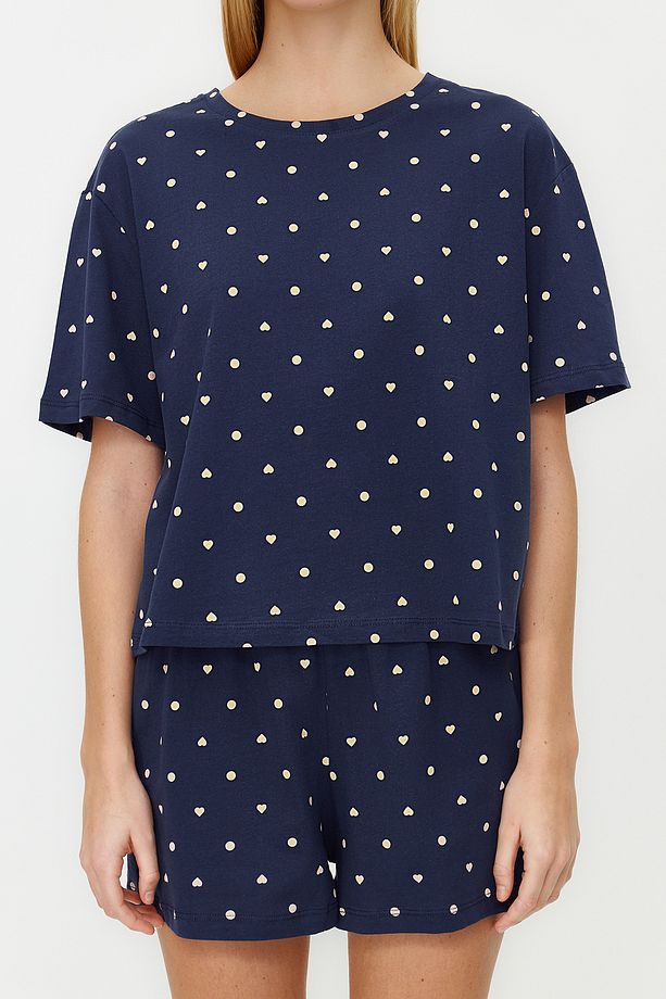 Lacivert %100 Pamuklu Puantiyeli ve Kalpli Şortlu Örme Pijama Takımı THMSS21PT1485 - 4