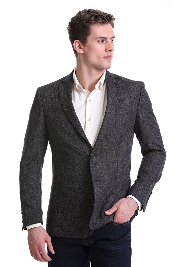 Navy Blue Regular Fit Patterned Mono Collar Classic Jacket - 1