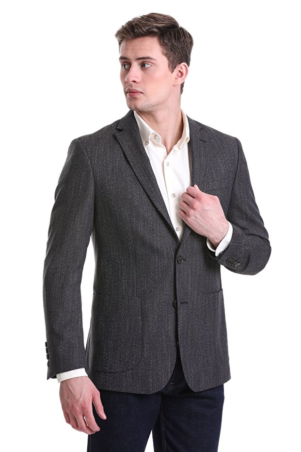 Navy Blue Regular Fit Patterned Mono Collar Classic Jacket - 3