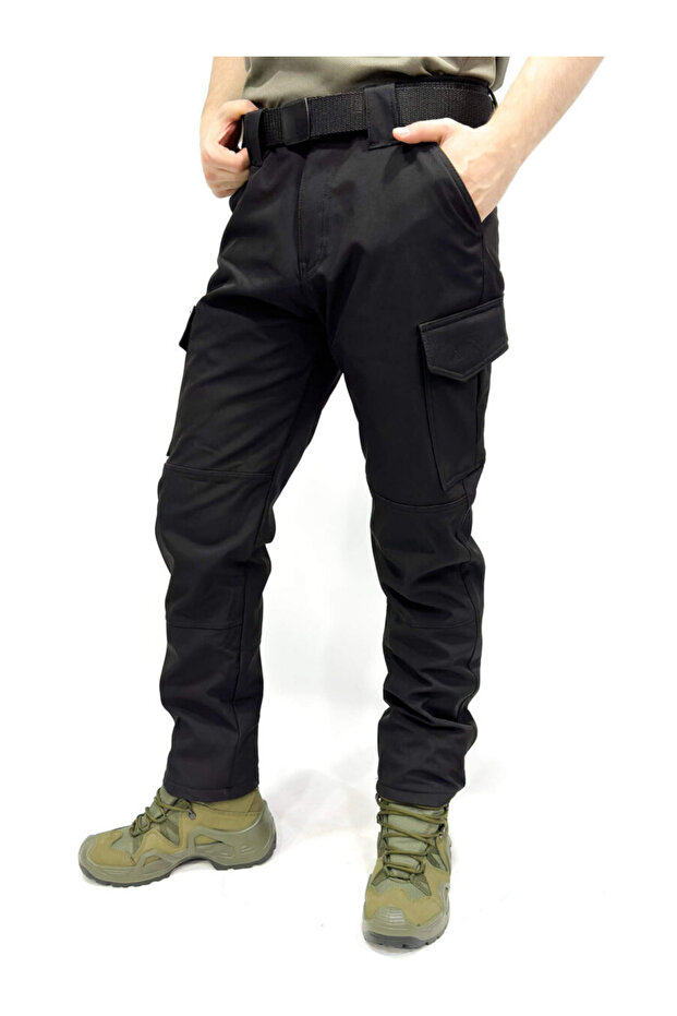 Men's Waterproof Fleece-Lined Tactical Outdoor Black Softshell Trousers