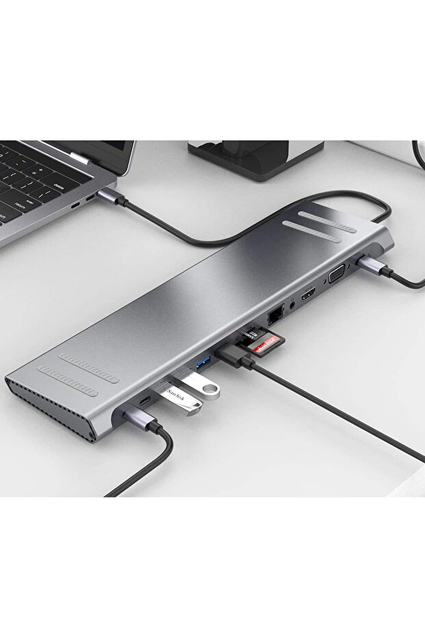 14in1 Type-C to Dock İstasyonu HDMI VGA PD(3.0), 4 * USB, 2 * USB C, 10 / 100M Gigabit Adaptör 9199A - 1