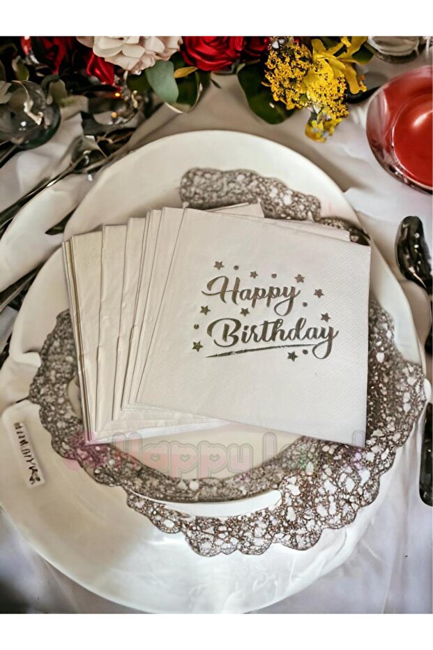 Happy Birthday Printed Gilded Silver Leaf Birthday Napkin 16 Pieces