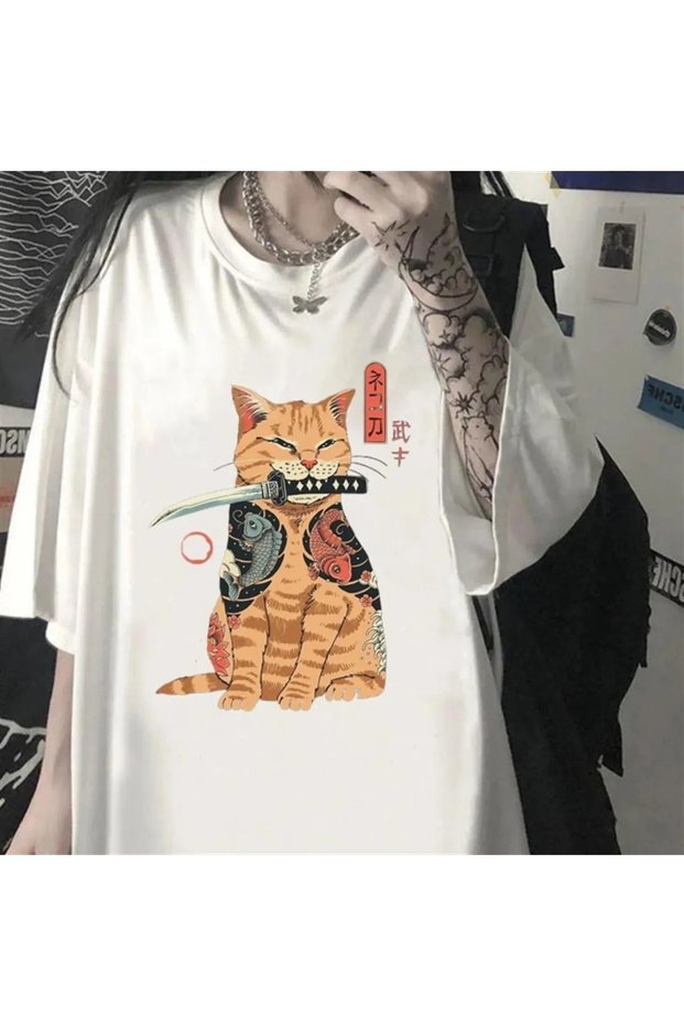 Killer Cat Printed White Color Unisex Oversize T-shirt Le Savu