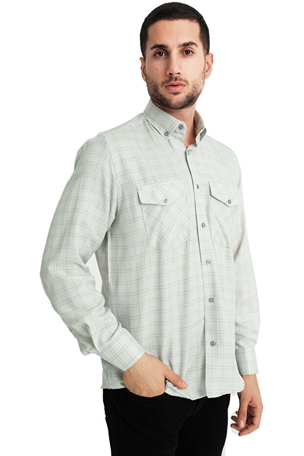 Men's Water Green Linen Effect Flap Double Pocket Long Sleeve Checked Shirt