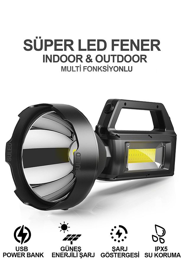 Şarjlı Led EL FENERİ LED IŞIK Solar Şarjlı USB Power Bank Özellikli Multi Fonksiyonlu Kamp Lambası - 1