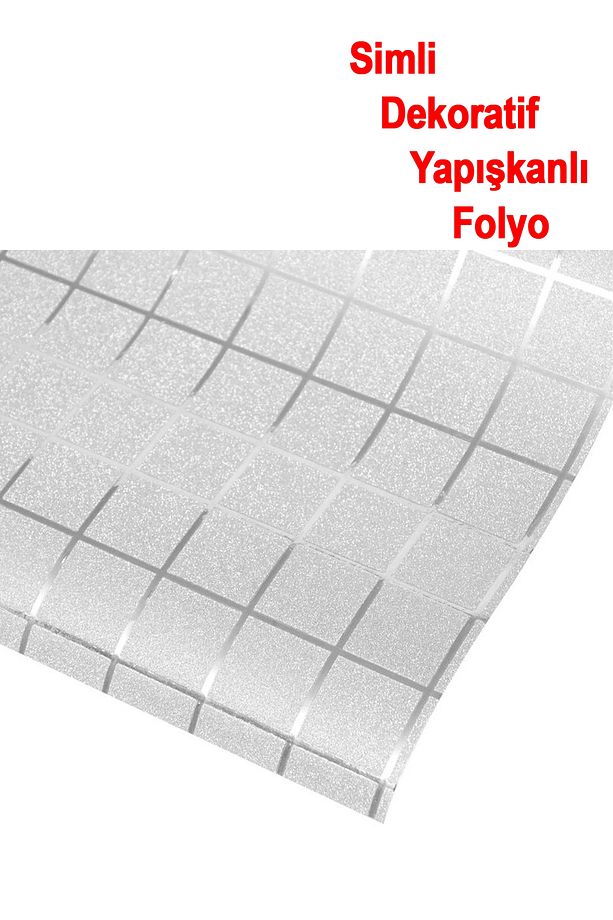 45 Cm X 1 Metre Gümüş Simli Parlak Kare Desenli Dekoratif Yapışkanlı Folyo Kaplama Kağıt - 2