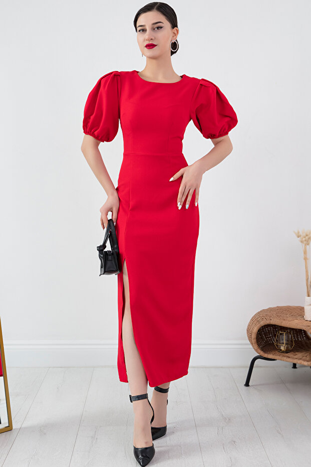 Balloon Sleeve Slit Atlas Dress 4317