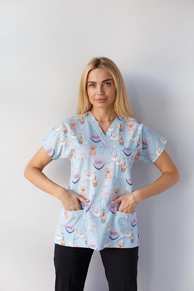 Women's Lycra Bat Sleeve Nurse Doctor Midwife Patterned One Top Jersey