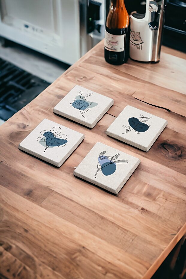 Blue Flower Bohemian Pattern Natural Stone Travertine Coasters Set of 4