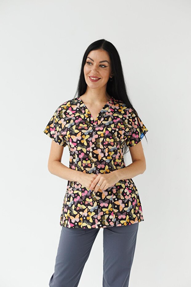 Women's Lycra Bat Sleeve Nurse Doctor White Butterfly Patterned Single Top Jersey