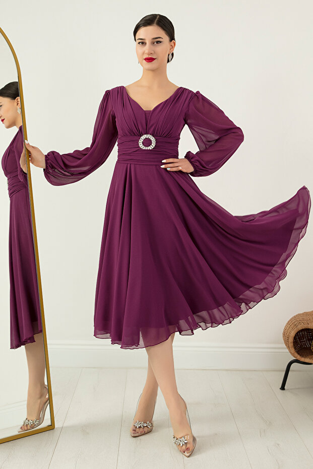 Tokalı Kemerli Şifon Elbise 1449 - 1