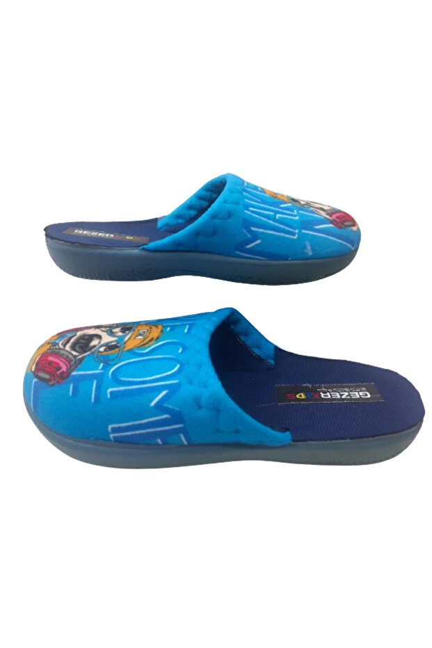 Boy's Blue-Navy Blue Dog Figure Indoor Slippers
