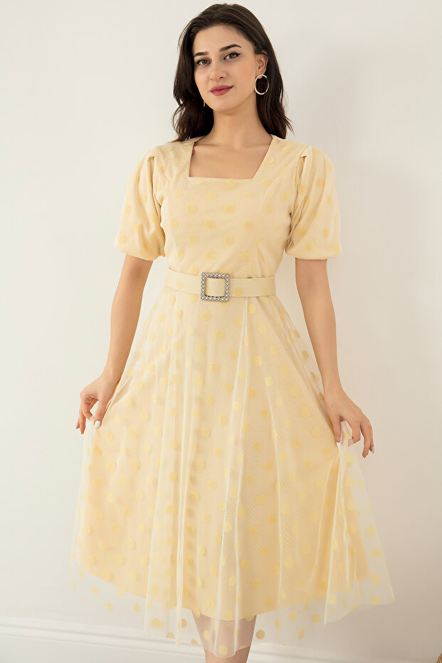 Kare Yaka Karpuz Kol Elbise 13402 - 3