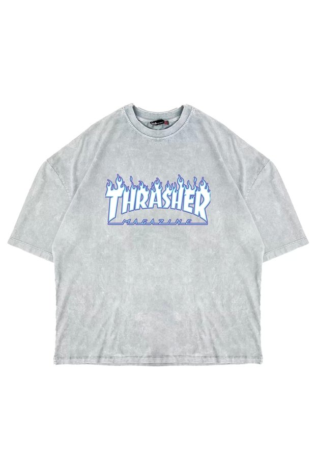 Washable White Thrasher Flam Printed Oversize Unisex T-shirt