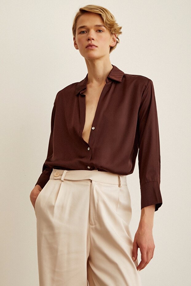 Basic Saten Gömlek Kahve - 5