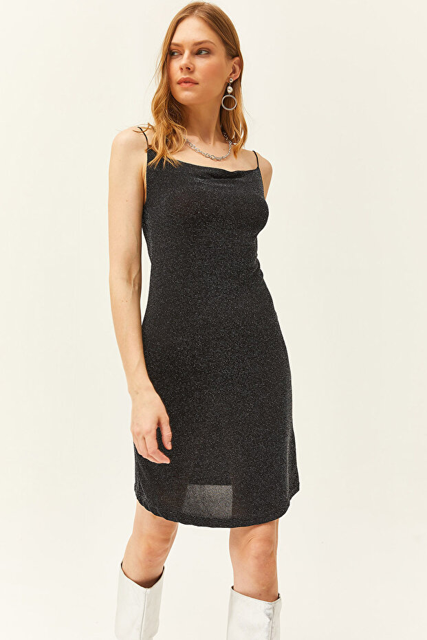 Kadın Siyah İp Askılı Degaje Simli Mini Elbise ELB-19002013 - 1