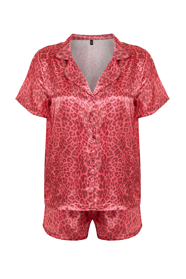 Pembe Çok Renkli Leopar Desenli Saten Şortlu Dokuma Pijama Takımı THMSS20PT0158 - 9