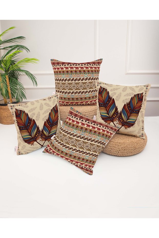 Feather Patterned Natural Themed African Colored Digital Printed Throw Pillow Cover