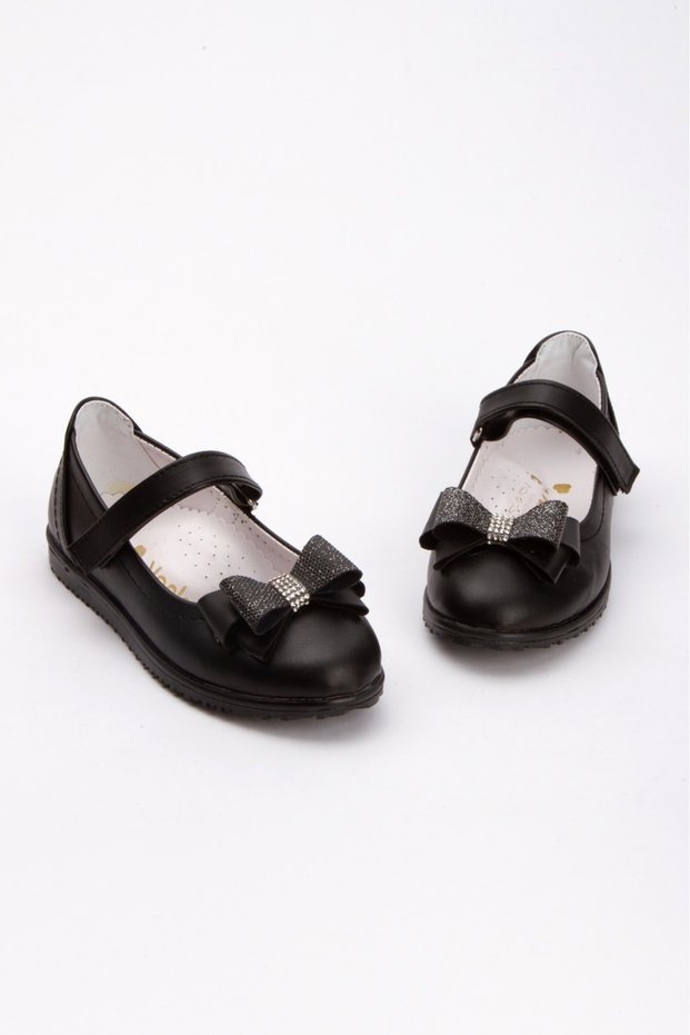 Matte Black Bow Detailed Non-Slip Sole Girls' Ballerinas