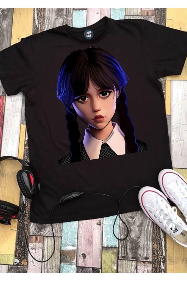 WEDNESDAY ADDAM PRINTED BLACK SHORT SLEEVE Kids T-Shirt