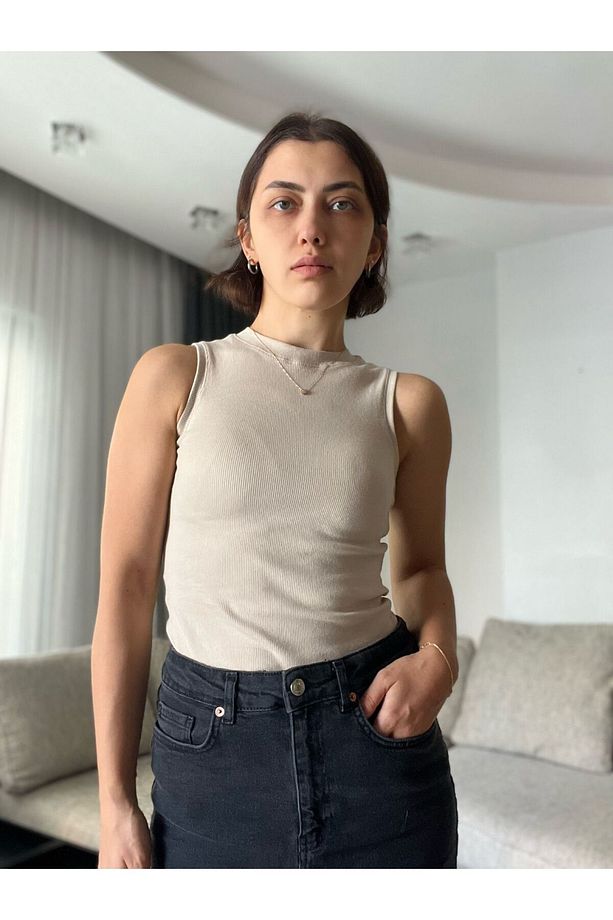 Bisiklet Yaka Lyc Lı Kolsuz Pamuklu T-shırt Triko Bluz - Bej - 6