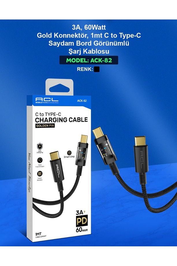 ACK-82 3A 60 WATT C TO TYPE-C SARJ KABLOSU - 1