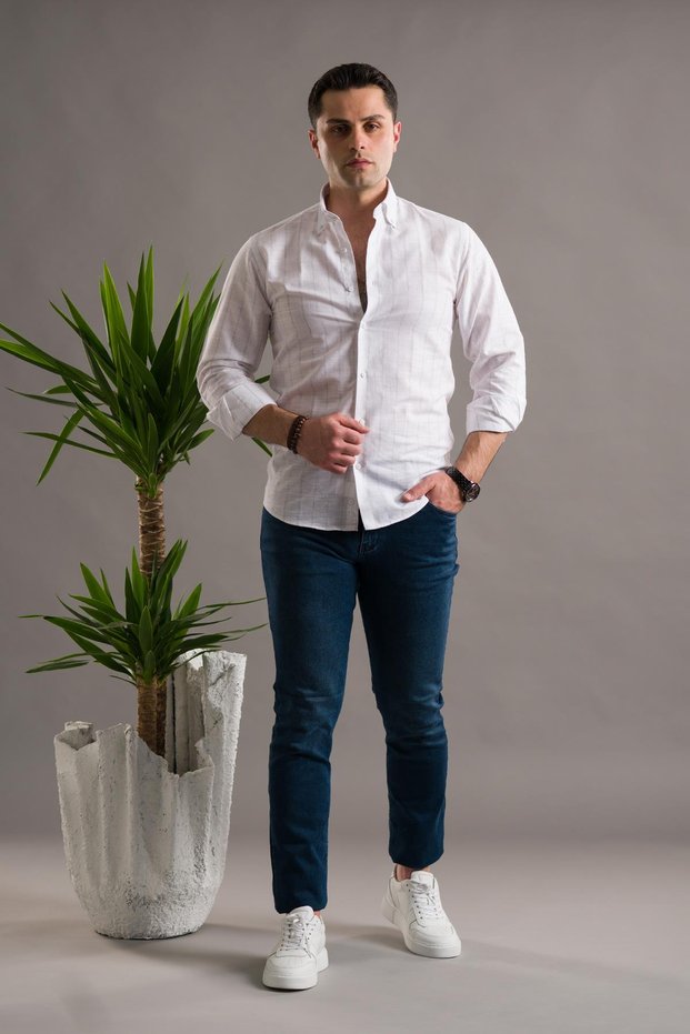 Slimfit Cotton Striped Collar Buttoned Long Sleeve Men's Summer Shirt