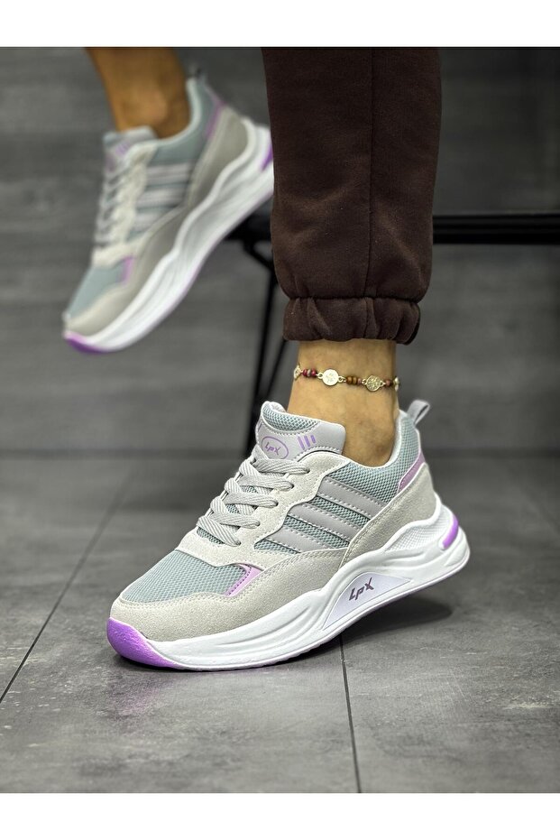 Gri Mor Kadın Üç Çizgi Ortopedi Günlük Yürüyüş Spor Ayakkabı Wsb0640 - 1