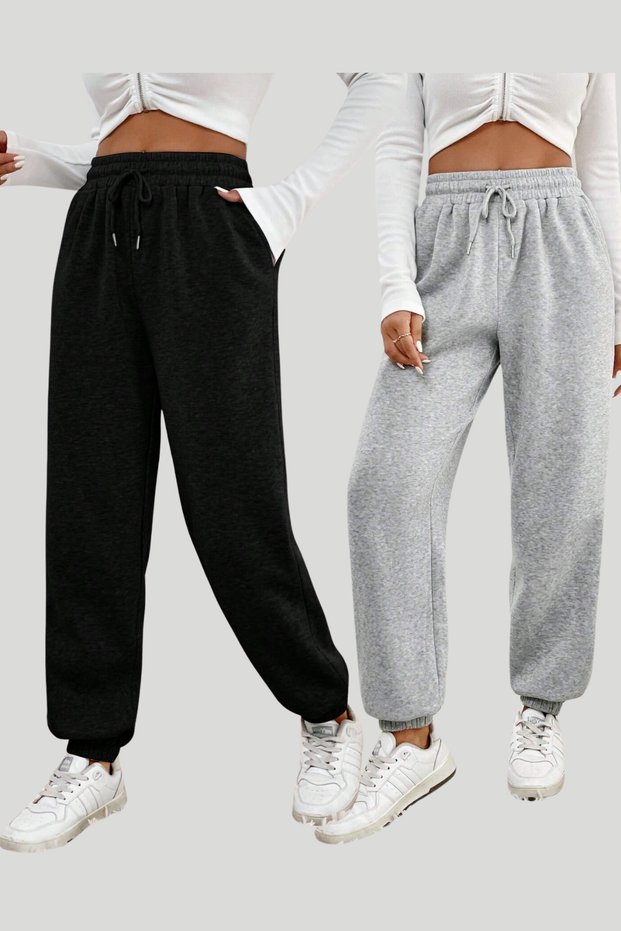 2-Piece Black-Gray Fleece-Lined High-Waisted Jogger Pants