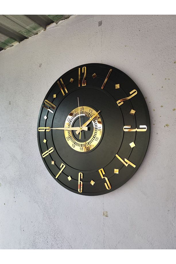 Siyah Renk Gold Sayılı Hediyelik Ahşap Dekoratif Farklı Desenli Ev Hediyelik Duvar Saati 50cm - 3