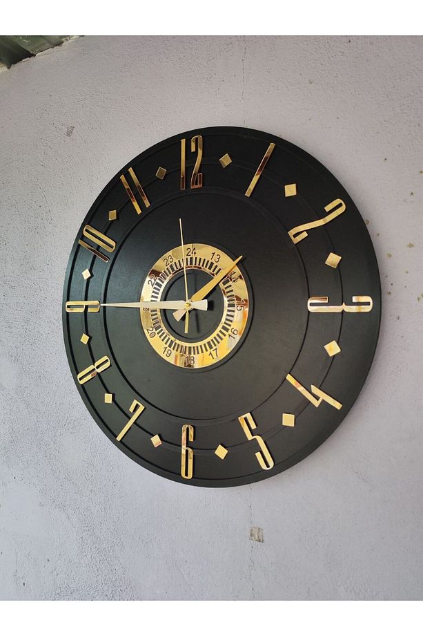 Siyah Renk Gold Sayılı Hediyelik Ahşap Dekoratif Farklı Desenli Ev Hediyelik Duvar Saati 50cm - 2
