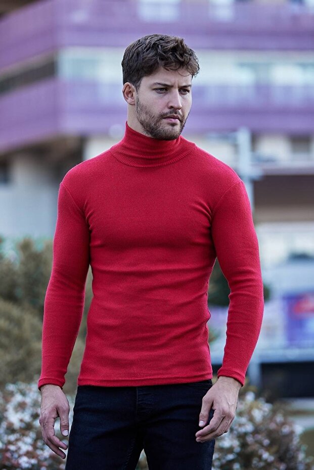 Unisex Premium Thick Red Raised Slim Fit Turtleneck Turtleneck Sweater