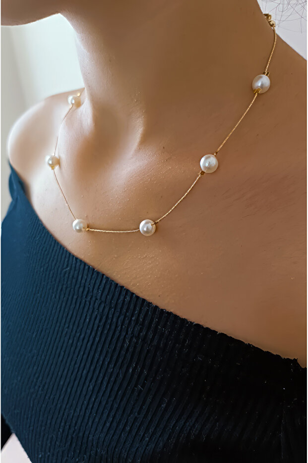 Kadın Inci Kolye , Tekli Inci Kolye , Sıralı Inci Kolye , Inci Choker , Çelik Zincir Kolye - 2