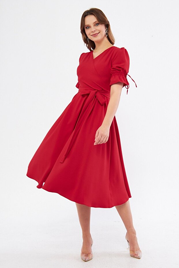 Red Double Breasted Collar Gathered Short Sleeve Sleeves Elastic Belted Midi Length Dress