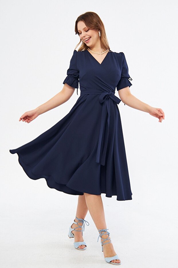 Navy Blue Double Breasted Collar Gathered Short Sleeve Sleeves Elastic Belted Midi Length Dress