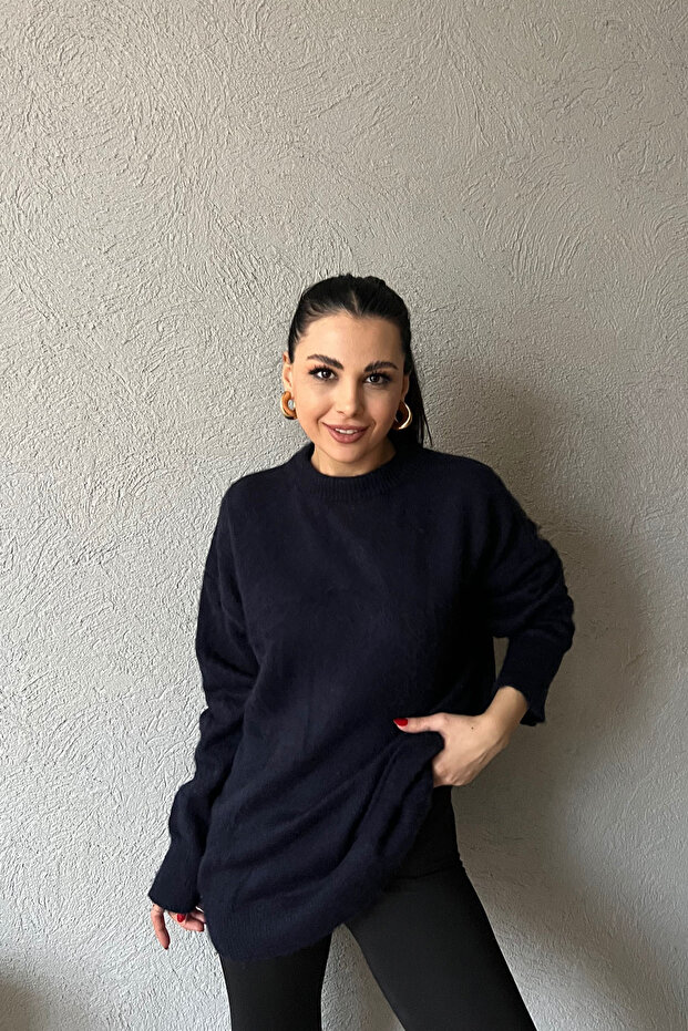 Navy Blue Bearded Basic Sweater - 3