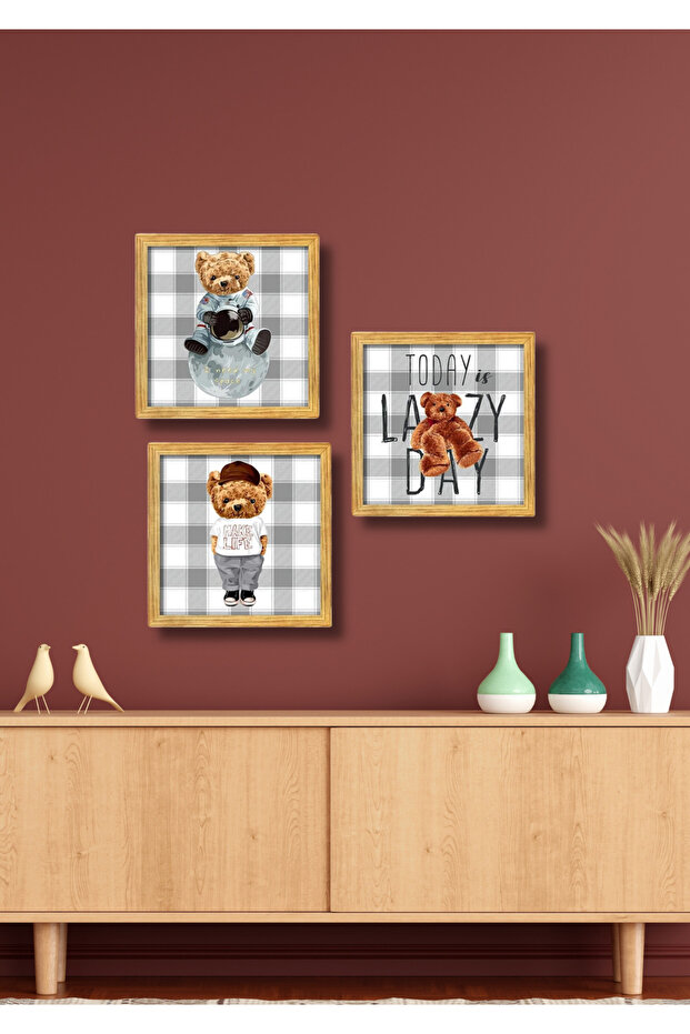 3 Piece Frame Look Bearteddy Wall Decor Painting Set for Parlor Living Bed Children's Room