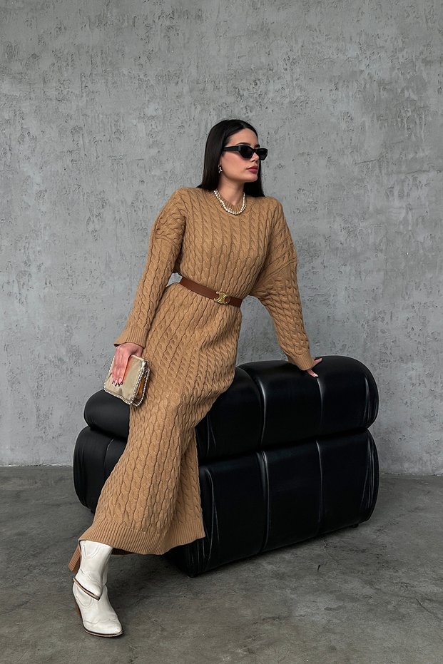Standard Size Round Neck Hair Braided Long Cotton Knitwear Dress