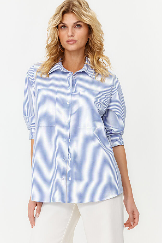 Lacivert Çizgili Oversize Geniş Kalıp Dokuma Gömlek TWOAW23GO00359 - 3