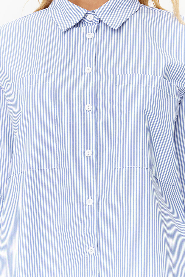 Lacivert Çizgili Oversize Geniş Kalıp Dokuma Gömlek TWOAW23GO00359 - 5
