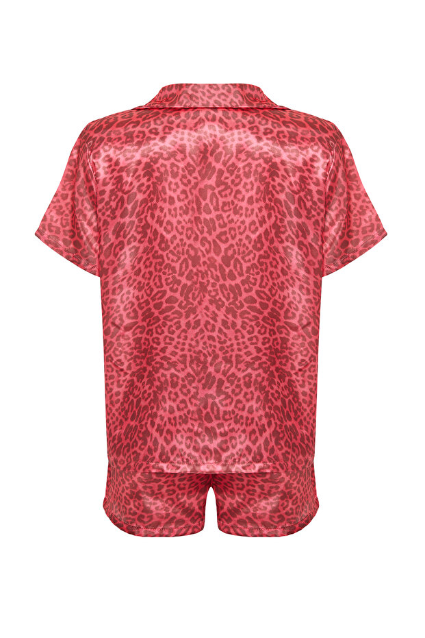 Pembe Çok Renkli Leopar Desenli Saten Şortlu Dokuma Pijama Takımı THMSS20PT0158 - 10