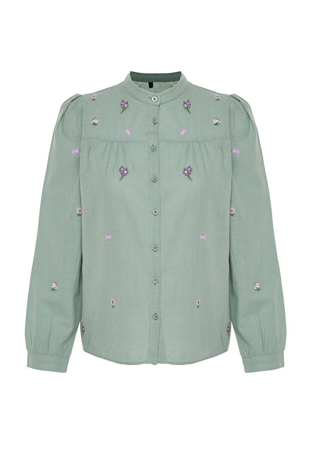 Yeşil Çiçek Nakışlı Oversize Dokuma Gömlek TWOSS23GO00152 - 12