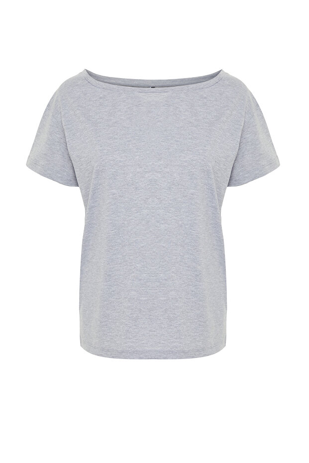 Gri Melanj Oversize/Geniş Kalıp Kayık Yaka Örme T-Shirt TWOSS20TS0140 - 7