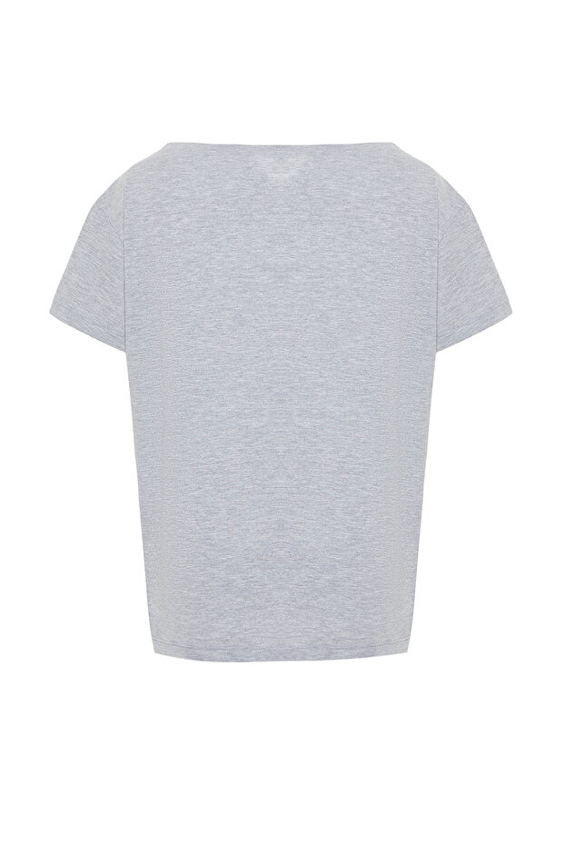 Gri Melanj Oversize/Geniş Kalıp Kayık Yaka Örme T-Shirt TWOSS20TS0140 - 8