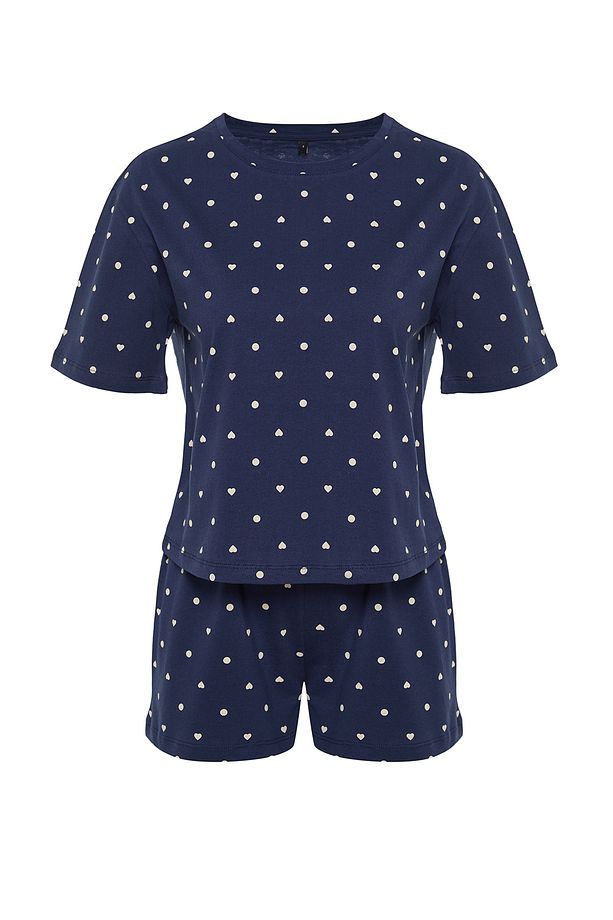 Lacivert %100 Pamuklu Puantiyeli ve Kalpli Şortlu Örme Pijama Takımı THMSS21PT1485 - 7